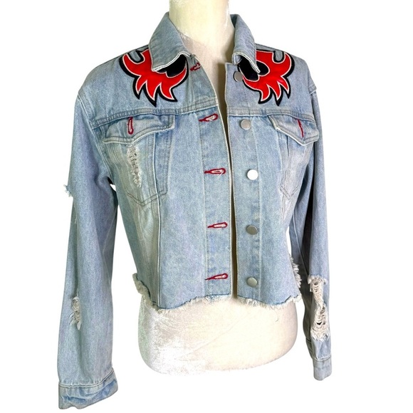 Fashion Nova Life Of Sin Faux Leather Patch Denim Jacket Light Wash Size XS - Picture 8 of 14